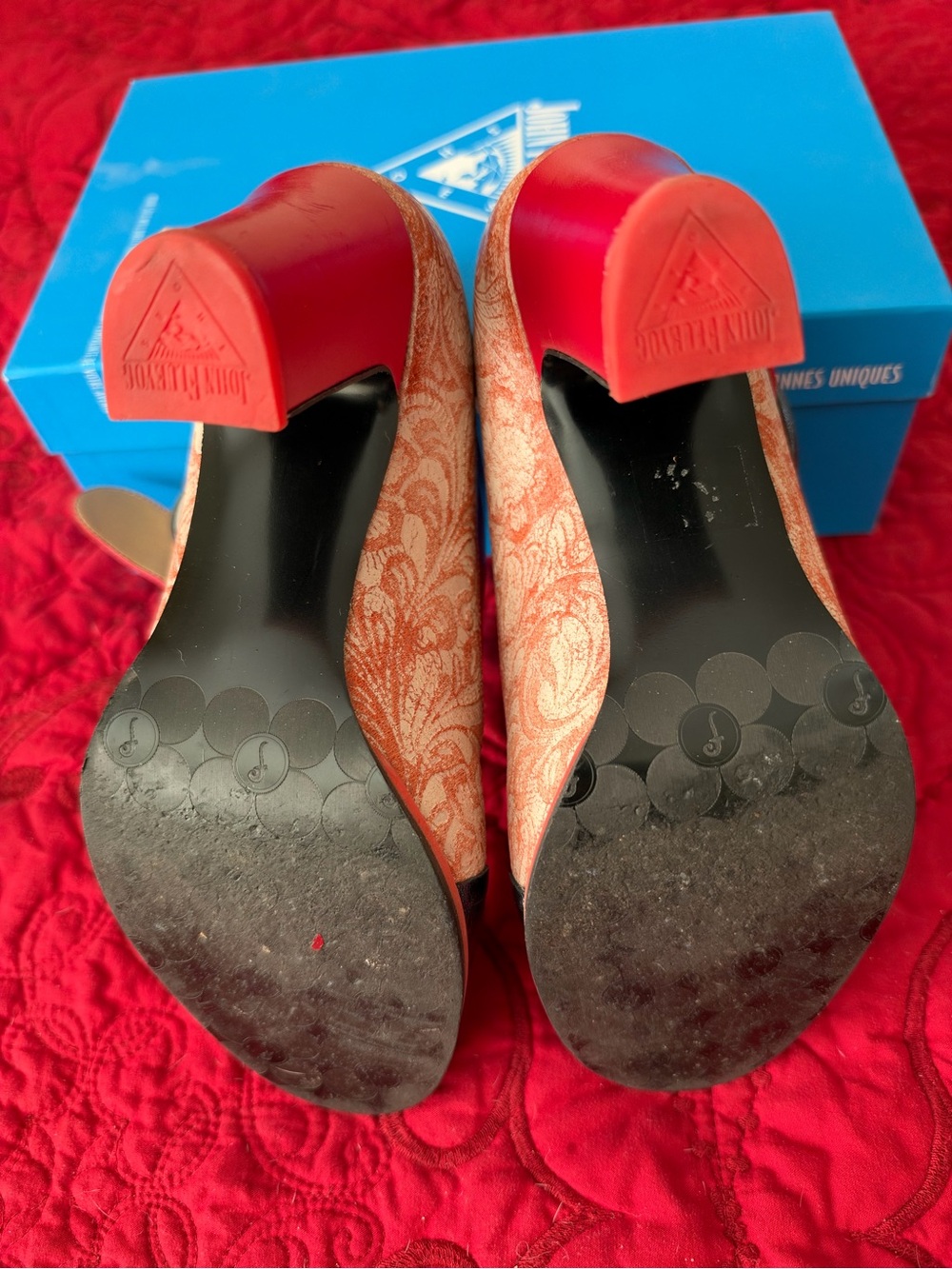 John Fluevog Attic Joyce Red Paisley Monk Strap Heels Size 9.5 w/ Box - Picture 5 of 8